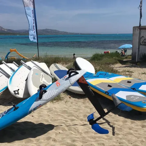 Planches de windsurf et foil alignées sur la plage