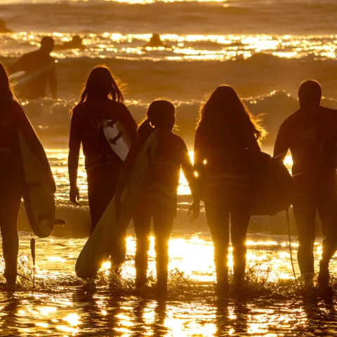 Surfeurs entrant dans l'eau au coucher du soleil