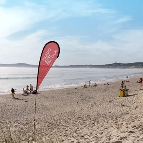 Grande plage de sable avec une oriflamme de l'école