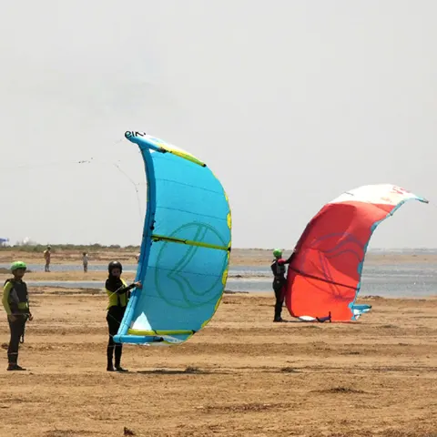 Kites gonflés sur la plage de sable