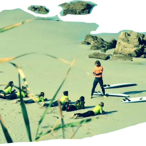 Séance de cours sur le sable, planches alignées