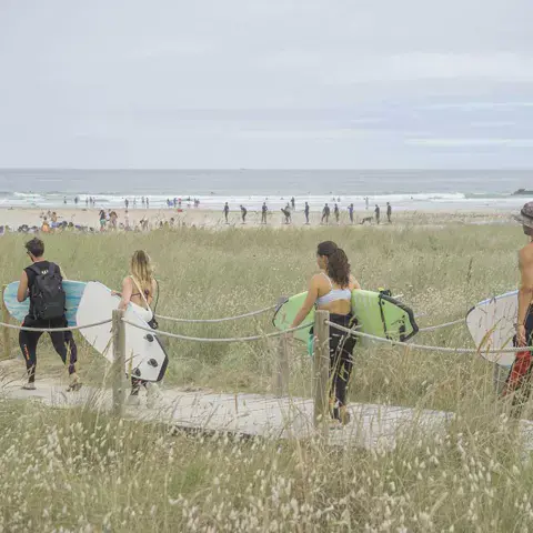 Surfeurs avec leurs planches sur le chemin d'accès à la plage