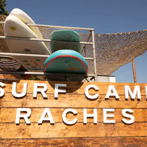 Enseigne du camp avec des planches de SUP en rack