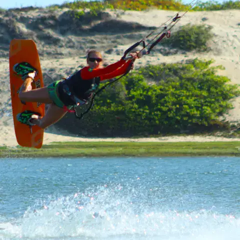 Saut de kitesurf au bord d'une lagune