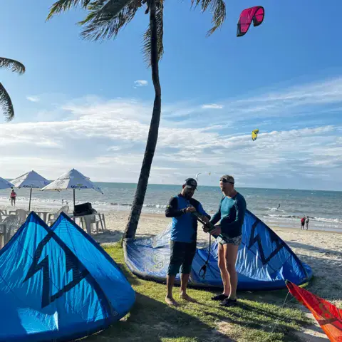 Kites bleus gonflés sur la plage et palmier