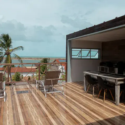 Terrasse en bois avec vue sur la lagune