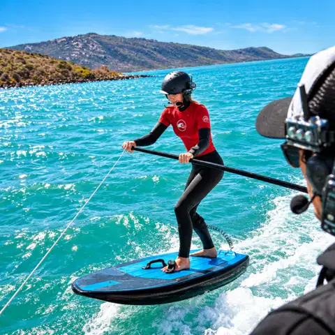 Session de foil sur un plan d'eau turquoise