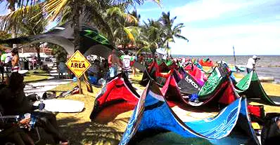 Kites étalés sur la plage, au bord de la lagune