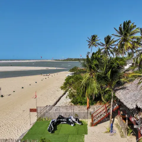 Plage, palmiers et lagune à marée haute