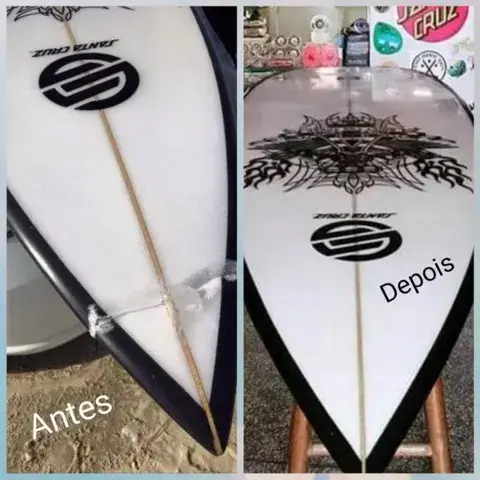 Réparation d'une planche de surf, avant et après