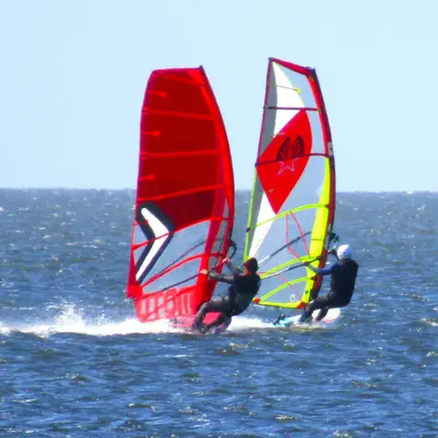 Deux windsurfeurs en pleine vitesse, voiles rouge et jaune
