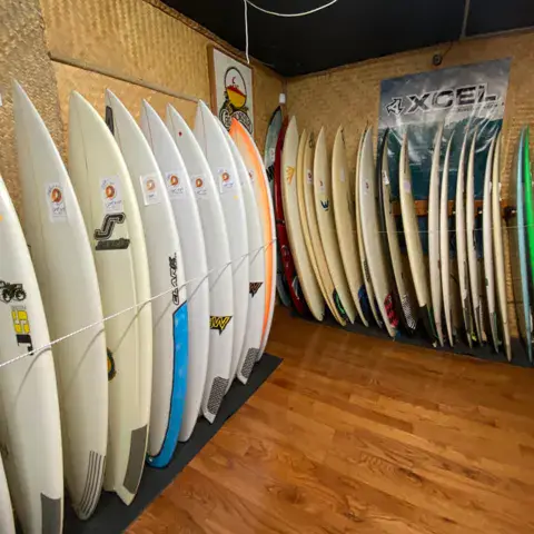 Planches de surf exposées dans le magasin