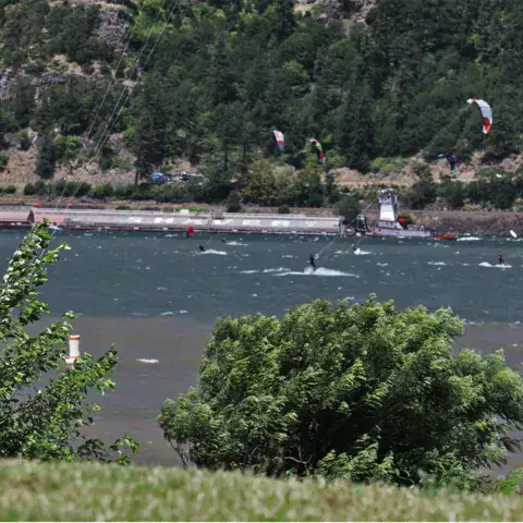 Kitesurfeurs sur le plan d'eau, vus depuis la rive