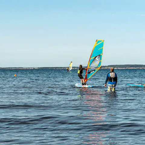 Voiles de windsurf et planches sur l'eau, près d'un ponton
