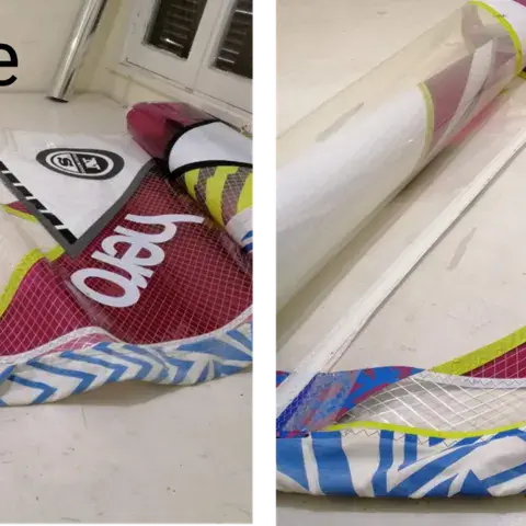 Réparation d'une voile de windsurf, avant et après