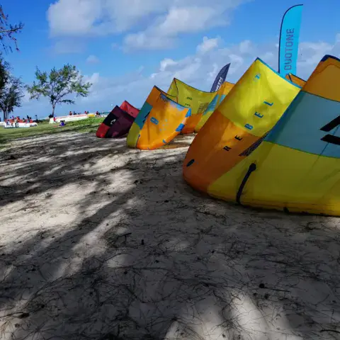Kites posés sur le sable de la plage