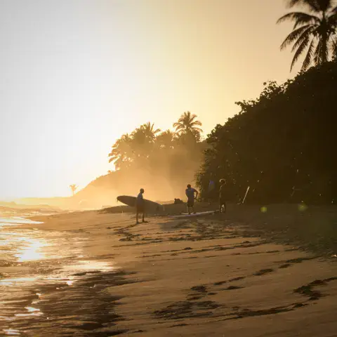 Surfeurs sur la plage au coucher du soleil