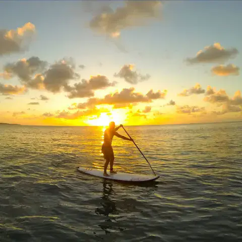 Pratiquant de paddle au coucher du soleil