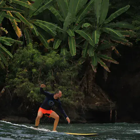 Surfeur sur une longboard devant la végétation tropicale