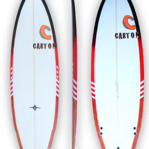 Shortboard Carton blanc et rouge, vues dessus, côté et dessous