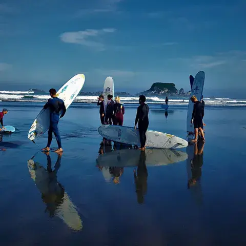 Un groupe avec ses planches au bord de l'eau