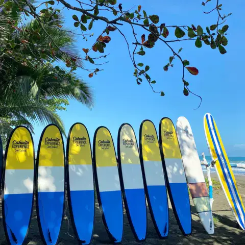Surfeuse debout sur sa planche dans les vagues