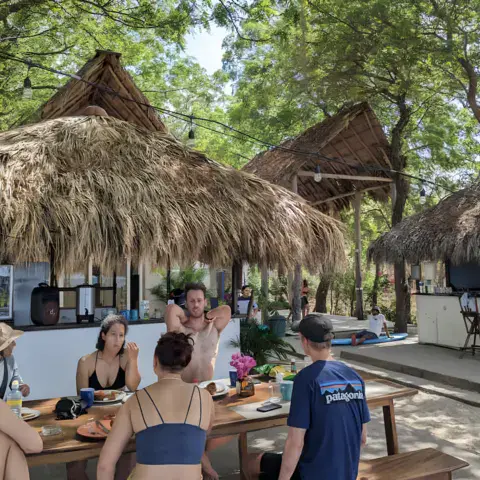 Repas en groupe sous des paillotes, au milieu des arbres