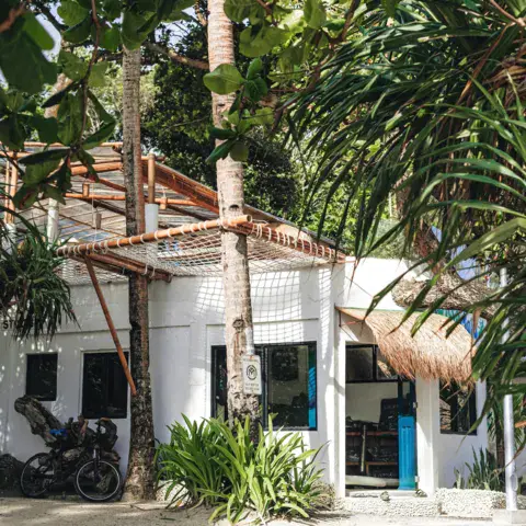 Le bâtiment du centre, entouré de palmiers