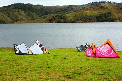 Kites posés sur l'herbe au bord du lac