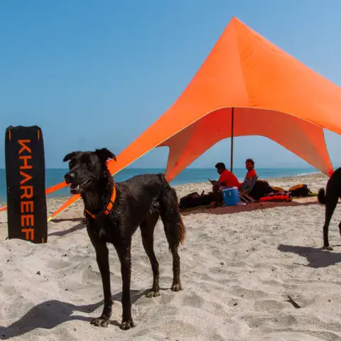 Tente orange et planche aux couleurs de l'école sur la plage