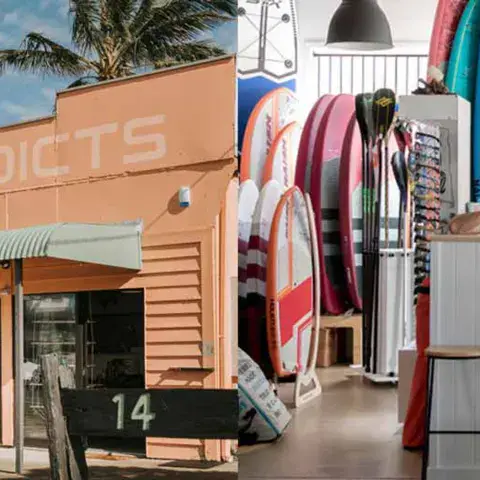 Devanture et intérieur du magasin, avec rayon de planches