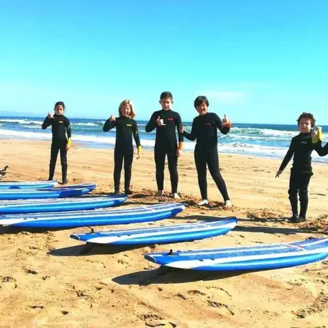 Groupe d'élèves en combinaison avec des planches de surf sur la plage