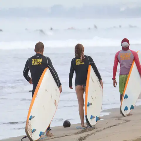 Groupe d'élèves et moniteur avec leurs planches, vus de dos, face à la mer