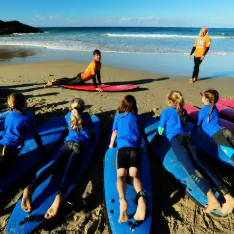 Élèves allongés sur leurs planches pour apprendre le lever sur la plage