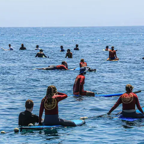 Élèves et moniteurs assis sur leurs planches, dans l'attente d'une vague