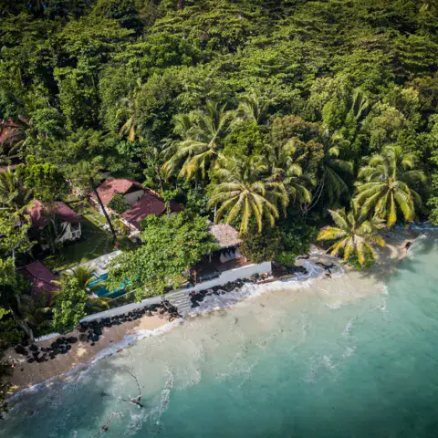 Le lodge au milieu des cocotiers, vu de haut