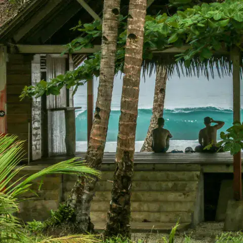 Bungalow en bois dans la végétation, face à l'océan