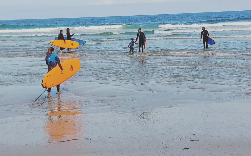 Surfeurs avec des planches jaunes au bord de l'eau