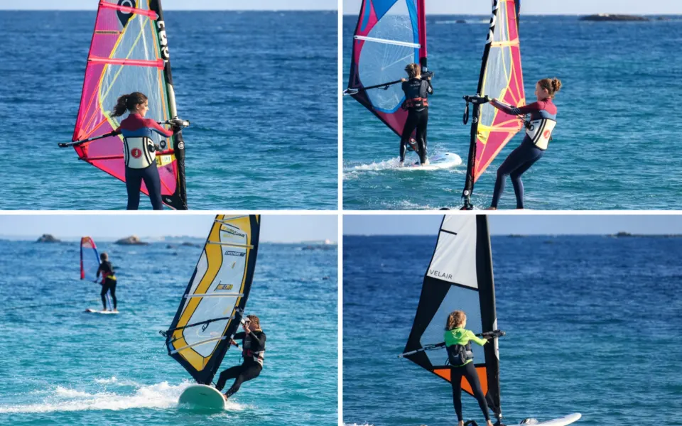 Planchistes en mer, quatre vues de sessions de windsurf