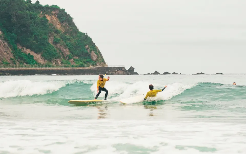 Surfeurs sur les vagues devant une falaise boisée