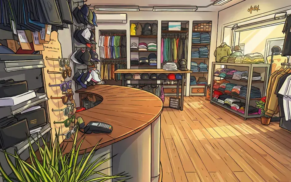 Intérieur du magasin avec comptoir et rayons