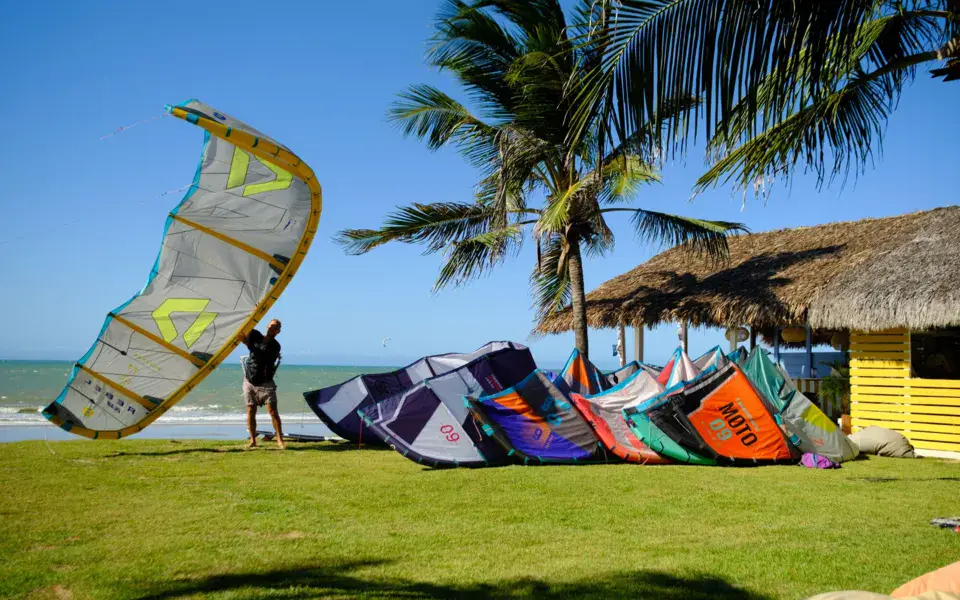 Kites étalés sur l'herbe devant la cabane de plage