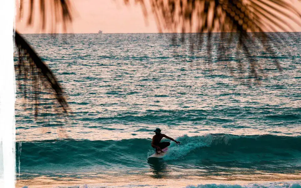 Un surfeur sur une vague au coucher du soleil