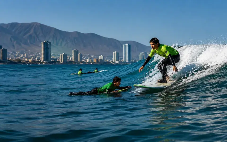 Surfeurs sur une vague à Iquique, avec les immeubles de la ville au fond